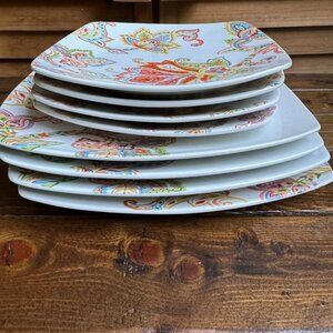 222 Fifth Indochine Fine China Square Dinner Plates Set – Colorful Paisley
